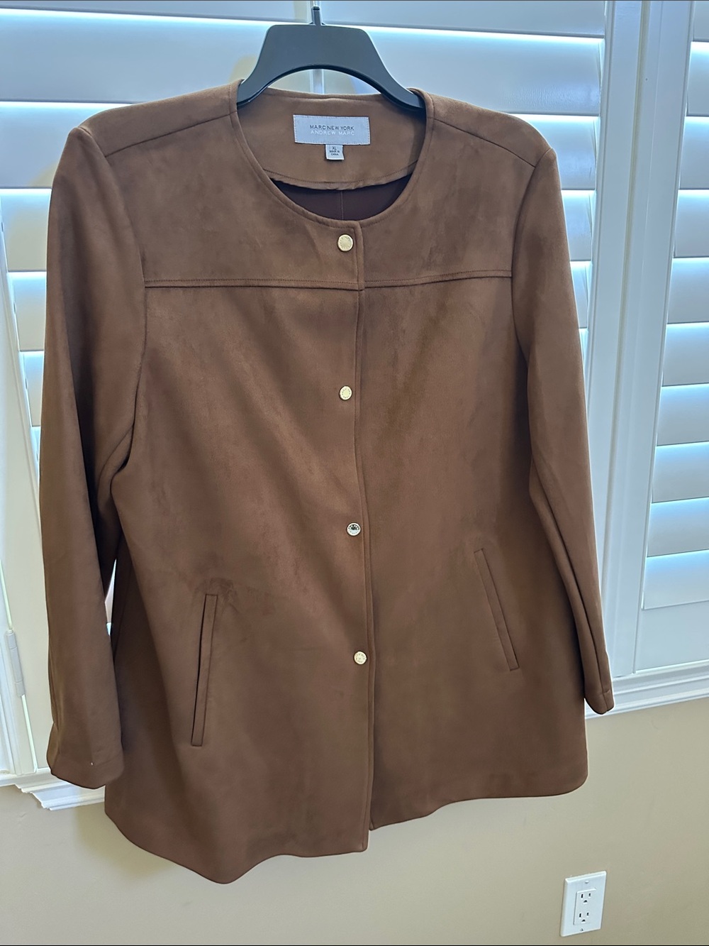 Soft Brown Suede Collarless Snap-Front Jacket, XL. MARC, Andrew Marc, New York.